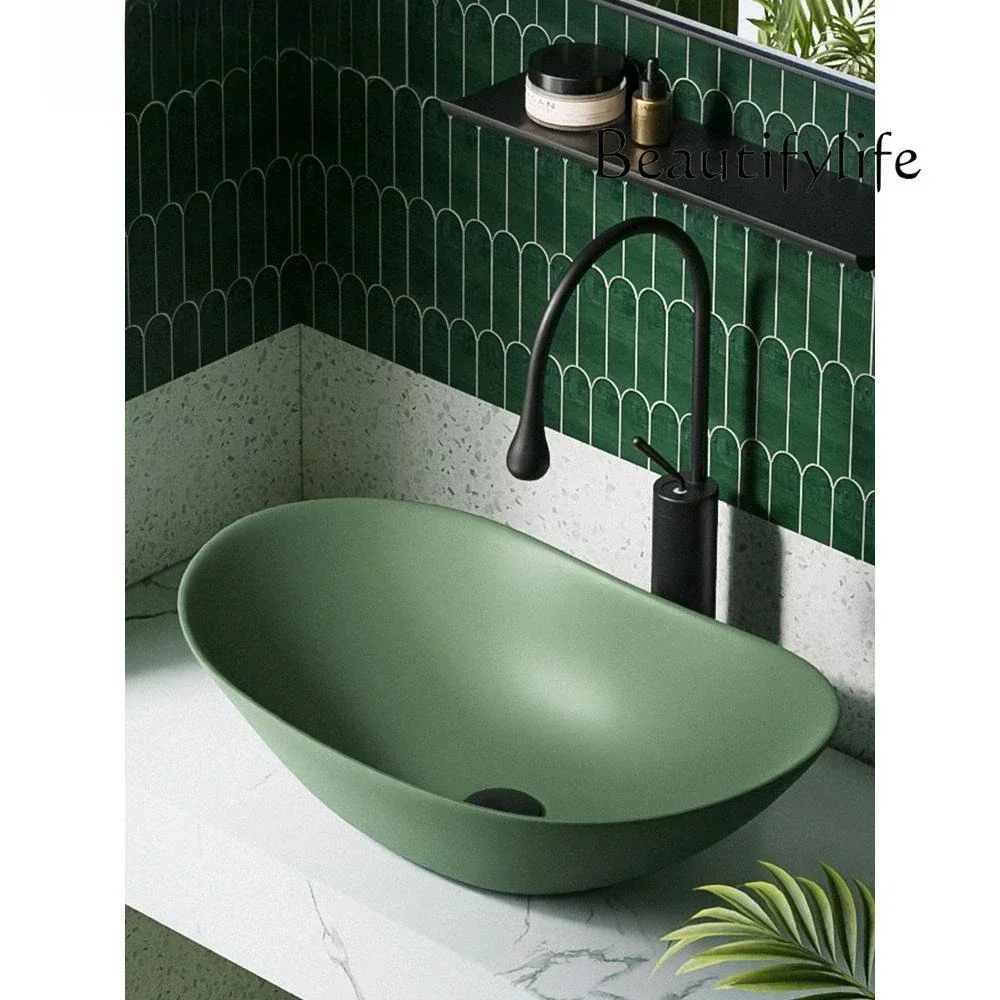 Hi Green Washbasin Nordic Minimalist Creative Stage Basin Ceramic Deepening Washbasin Light Luxury Washbasin Designer Model