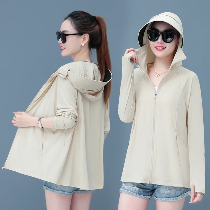 Women\'S Summer New Uv Protection Loose Thin Breathable Hooded Skin Clothes With High Quality Versatile Ice Silk Sunscreen Clothe