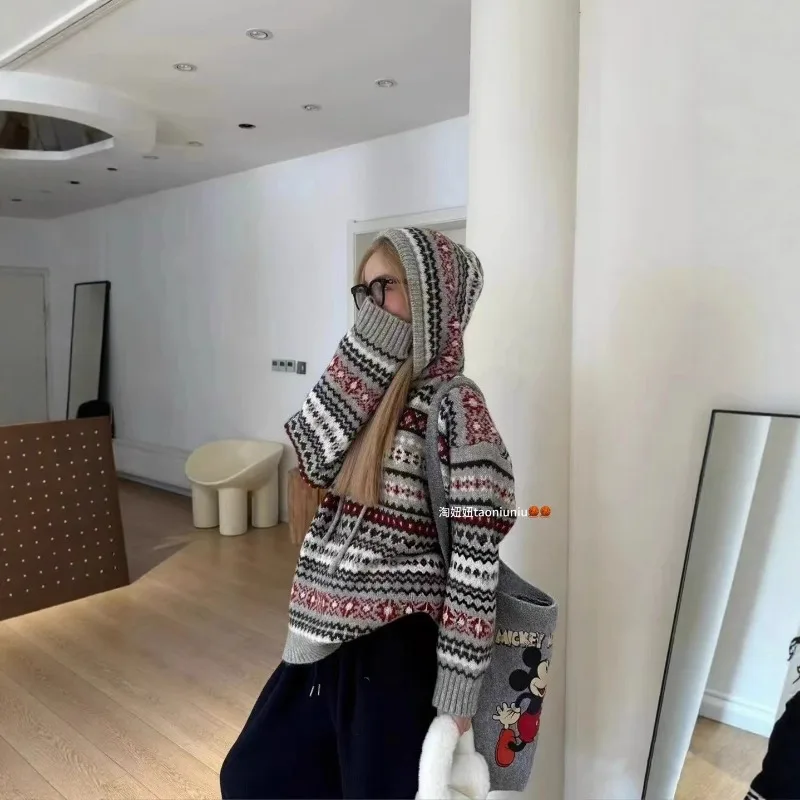 

Свитер женский пуловер новый модный европейский и американский осенне-зимний свободный и ленивый вязаный топ средней длины с капюшоном