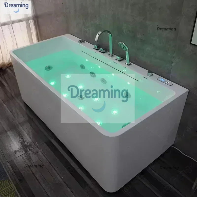 

Whirlpool massage bathtub freestanding indoor waterfall RGB mood light jet hotel bathtub spa massage bathtub with shower faucet