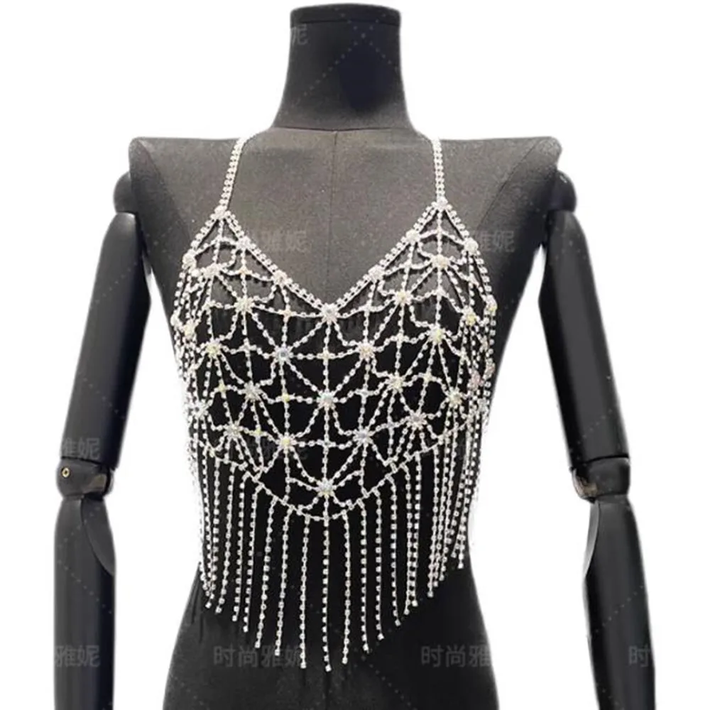 Fashion Tassel Vest Mesh Diamond Chest Necklace Body Chains Women's Nightclub Stage Show Sexy Clothing Top Slings 2023