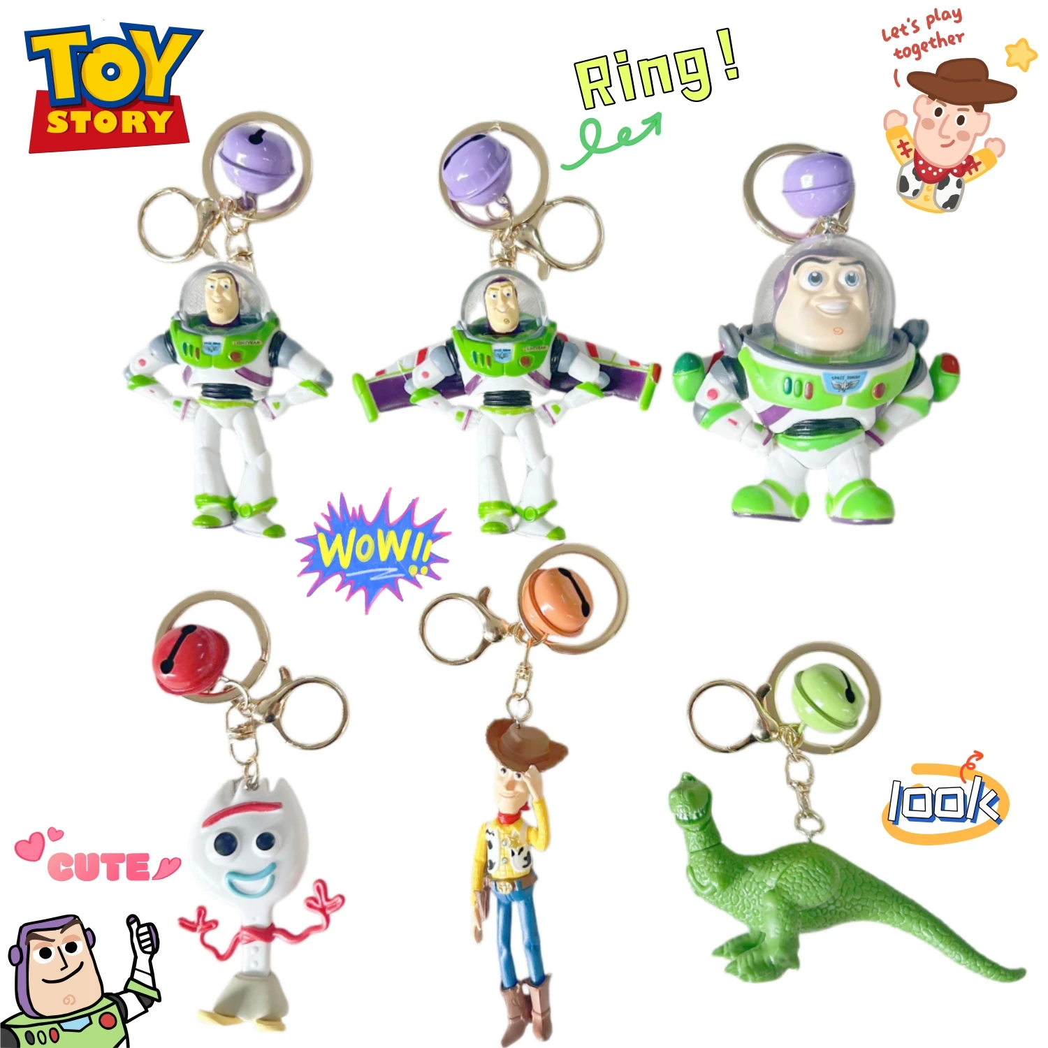 Toy Story 5 Buzz Lightyear & Woody Bell Keychain Cute Cartoon Figure Backpack Charm Pendant Bag Accessory Decor Creative Gift