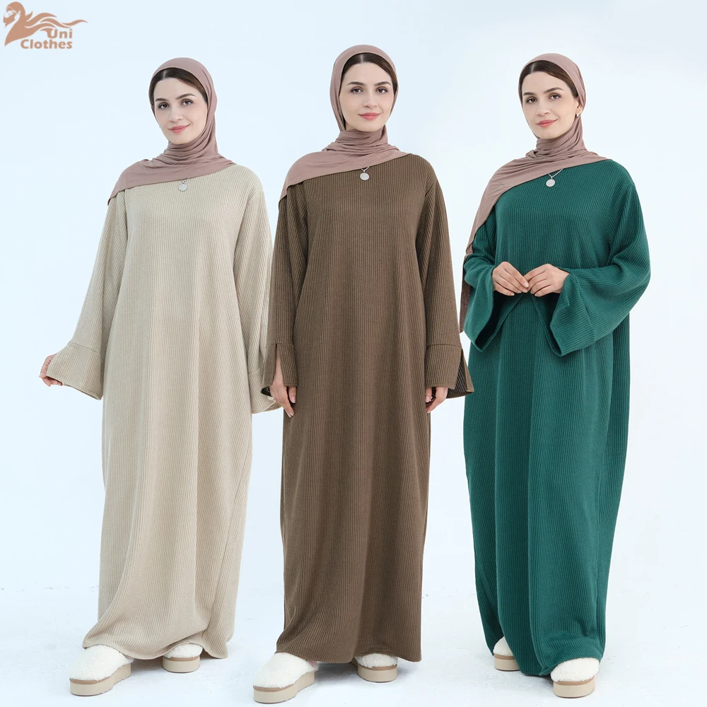 Ramadan Dubai Plain Abaya Dress 2024 Middle East Muslim Women Warm Loose Modest Knitting Clothing Islamic Turkey Solid Robe