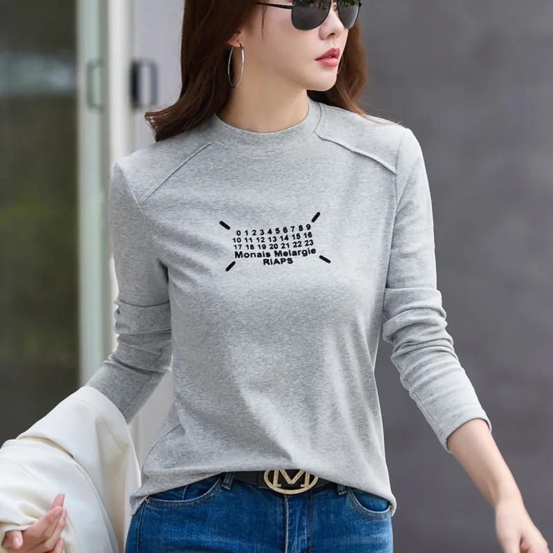 #0386 Autumn Winter Long Sleeve T Shirt Women Round Neck Letters Printed Skinny T-shirt Female Thick Women\'s Tee Shirt