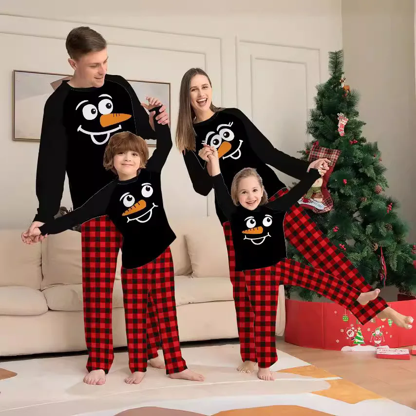 Family Christmas Pajamas, All New Black Top and Cartoon Design Red Plaid Pants, Ideal for Family Bonding During Christmas Eve
