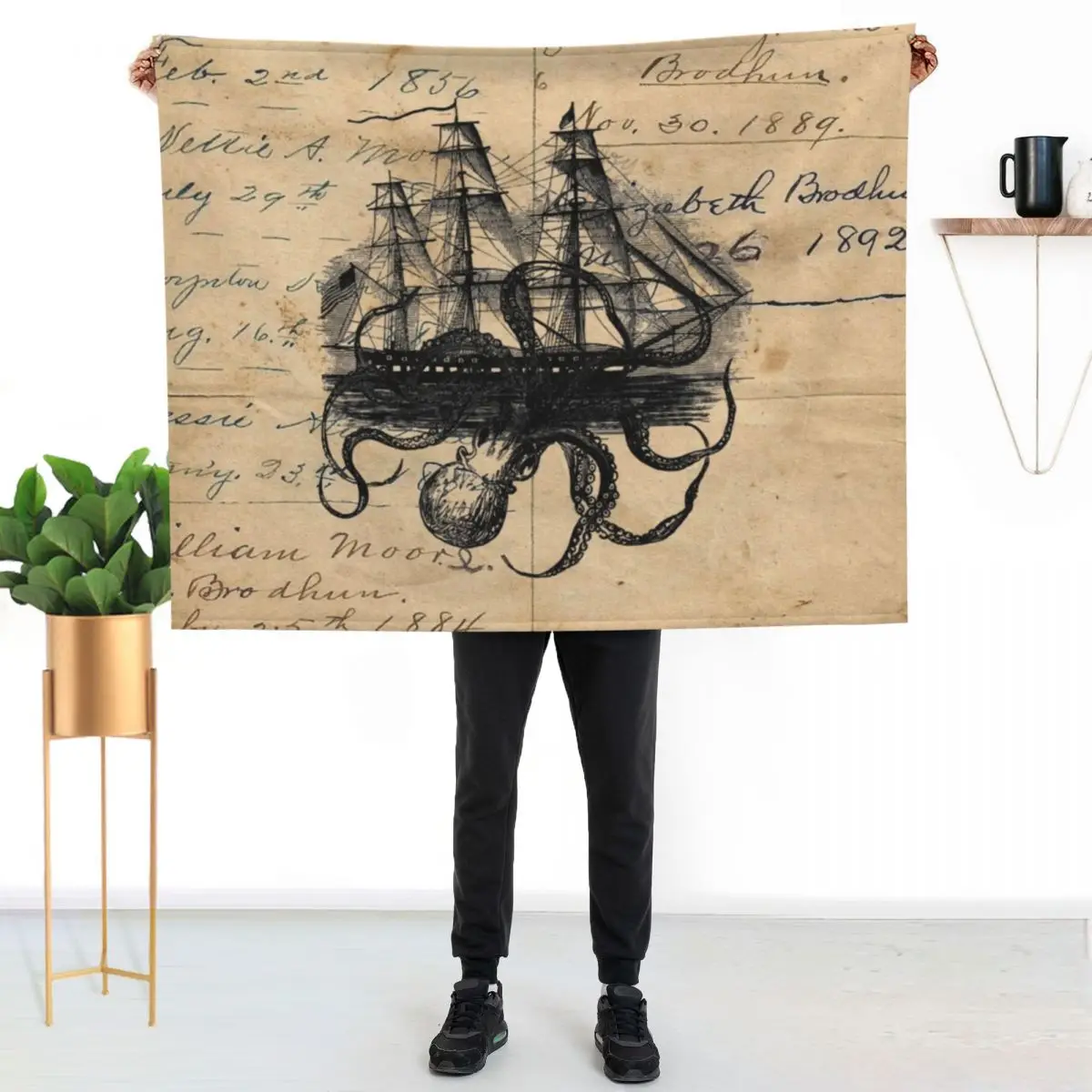 Kraken Attacking Ship on Ledger DesignKAS947 Throw Blanket for sofa Giant Sofa Weighted Multi-Purpose Comforter Cute Blankets