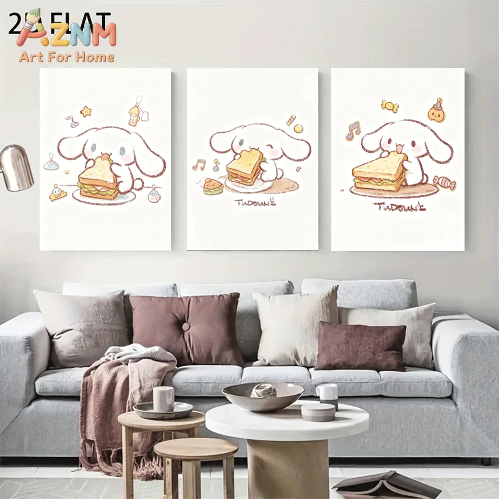 AZNM Cinnamoroll Canvas Wall Art Unframed Cute Cartoon Print Poster Eating Sandwich Candy Music Note Sketch Style Design for Gir