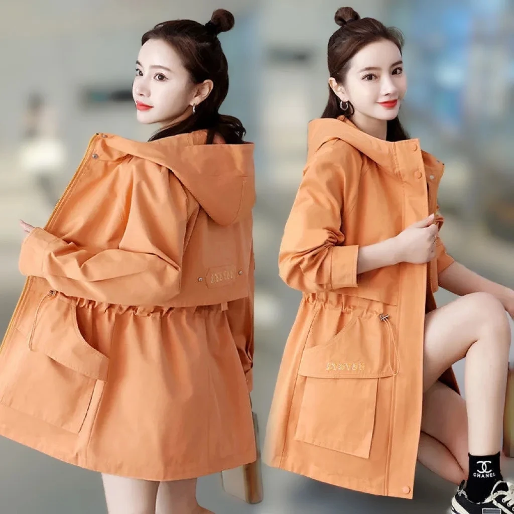 

2022 New Long Hooded Trench Coat Women Spring Autumn Korean Windbreakers Female Simple Wild Outwear Casual Long Sleeve Coat Tops