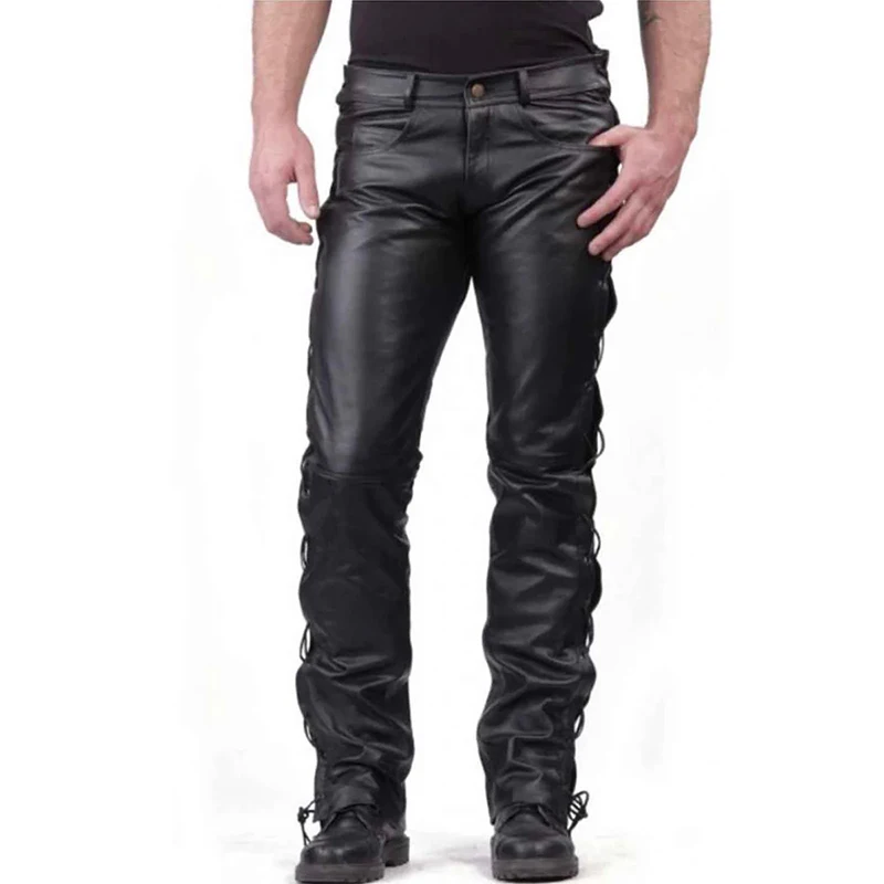

Men's Black Vintage Matte Faux Leather Slim Straight Pants Male Side Elastic Tie Advanced PU Splicing Skinny Trousers New Custom