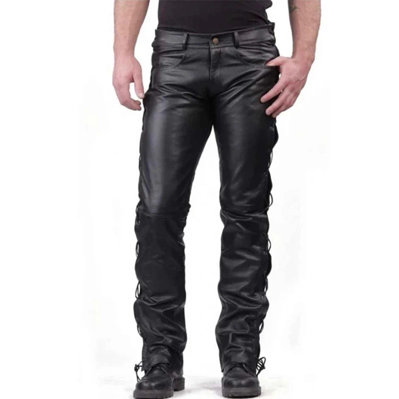 Men's Black Vintage Matte Faux Leather Slim Straight Pants Male Side Elastic Tie Advanced PU Splicing Skinny Trousers New Custom