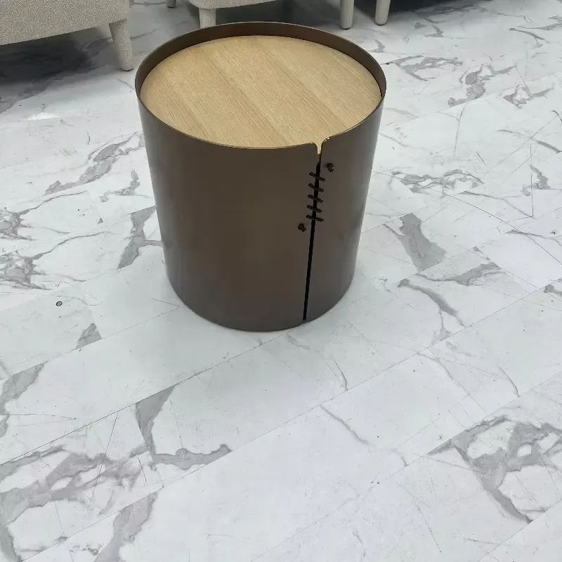 Modern Wooden Side Table Stainless Steel Base Round End Table for Living Room Bedroom Hotel Villa Apartment Furniture Decor