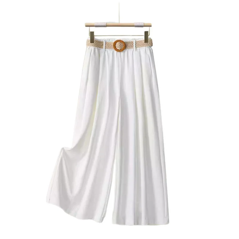 بنطال برتقالي مريح واسع الساق للنساء، سروال صيفي رفيع عالي الخصر للتخسيس ثنيات كاجوال مكون من ثماني نقاط مستقيمة #5