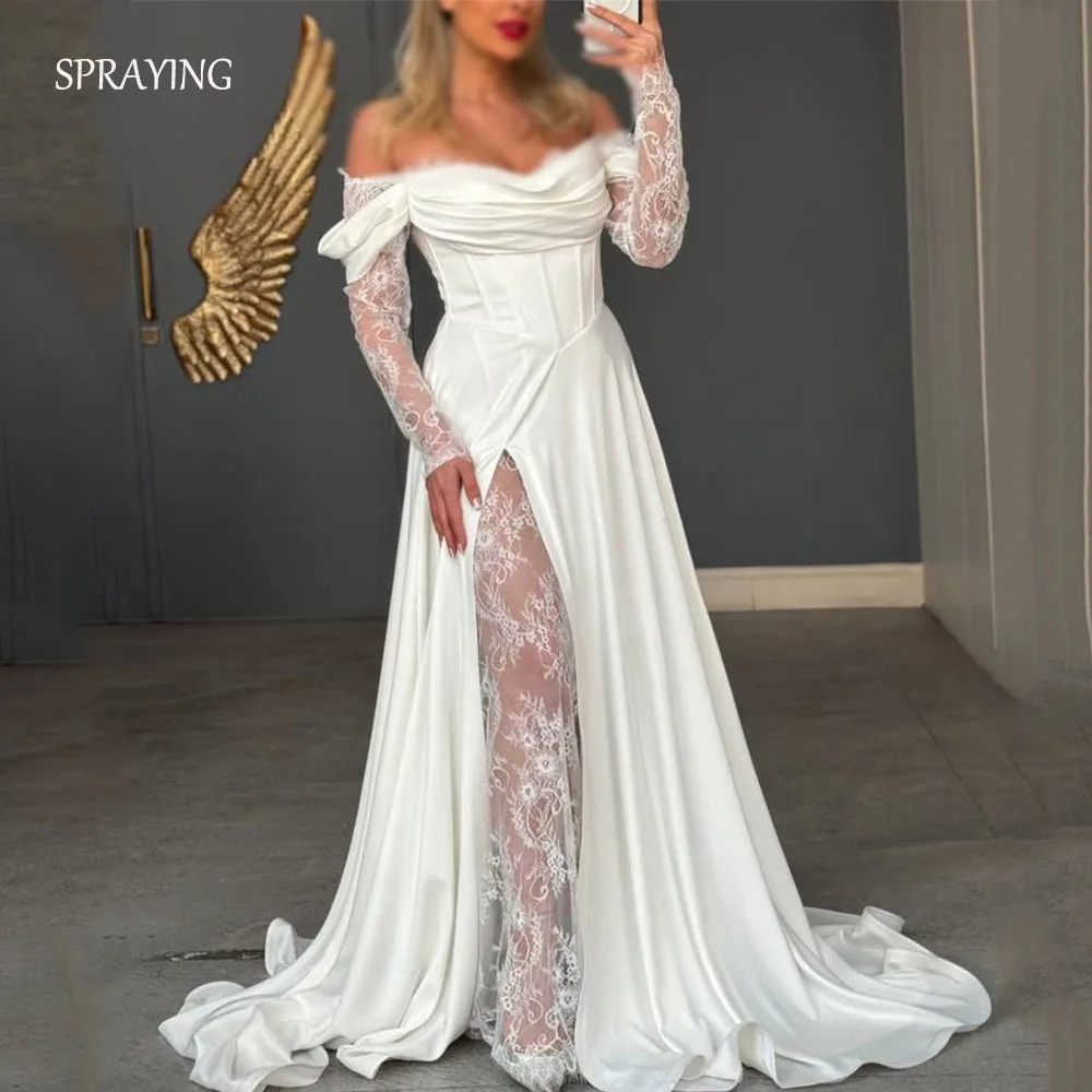 

SPRAYING Luxury Ivory Lace Wedding Dress Off Shoulder Long Sleeve Bridal Gowns Satin Long High Slit Robe De Mariée Customized