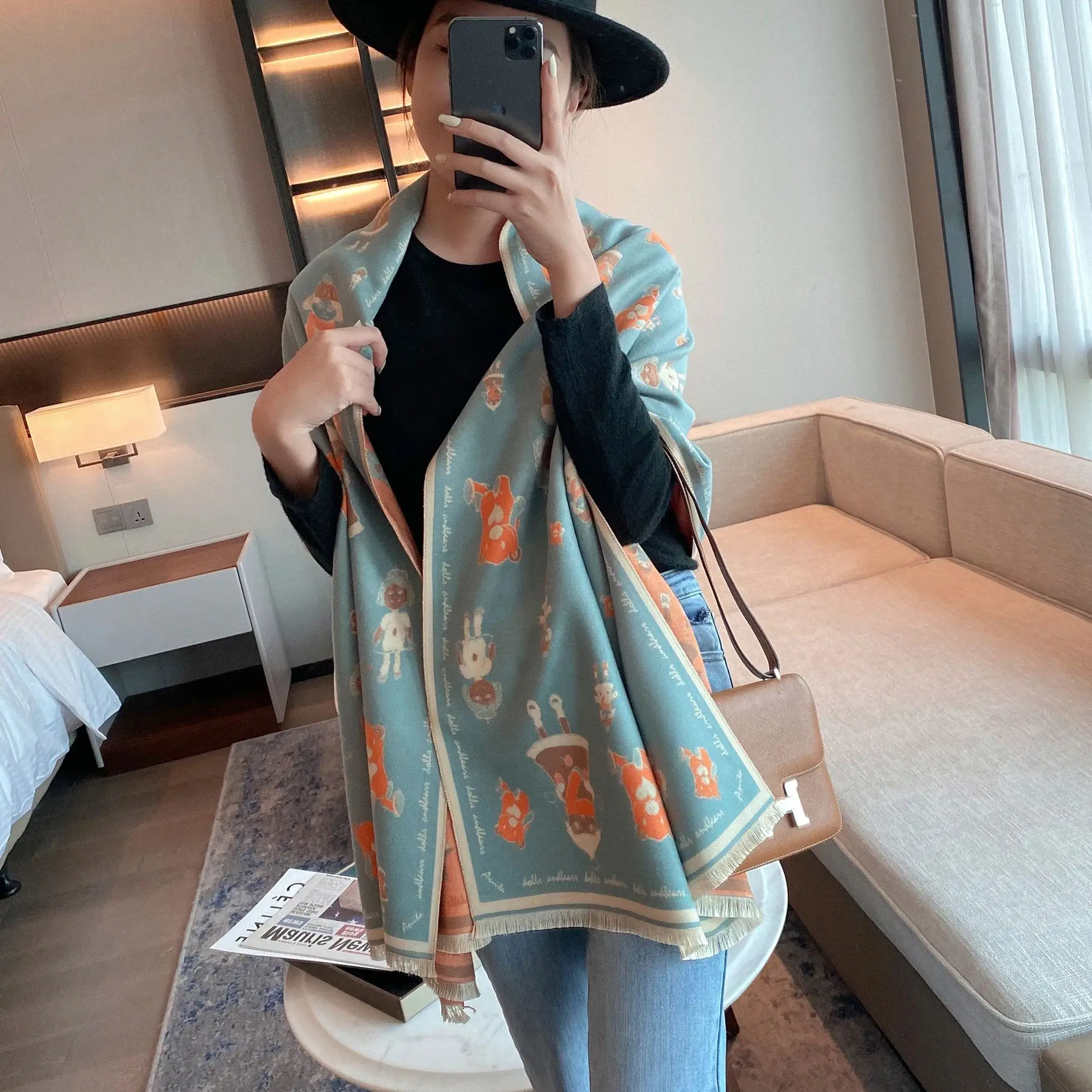 NEW Luxury Winter Thick Warm Cartoon girl Scarf Women Cashmere Shawl and Wraps Pashmina Neckerchief Bufanda Female Long 2024