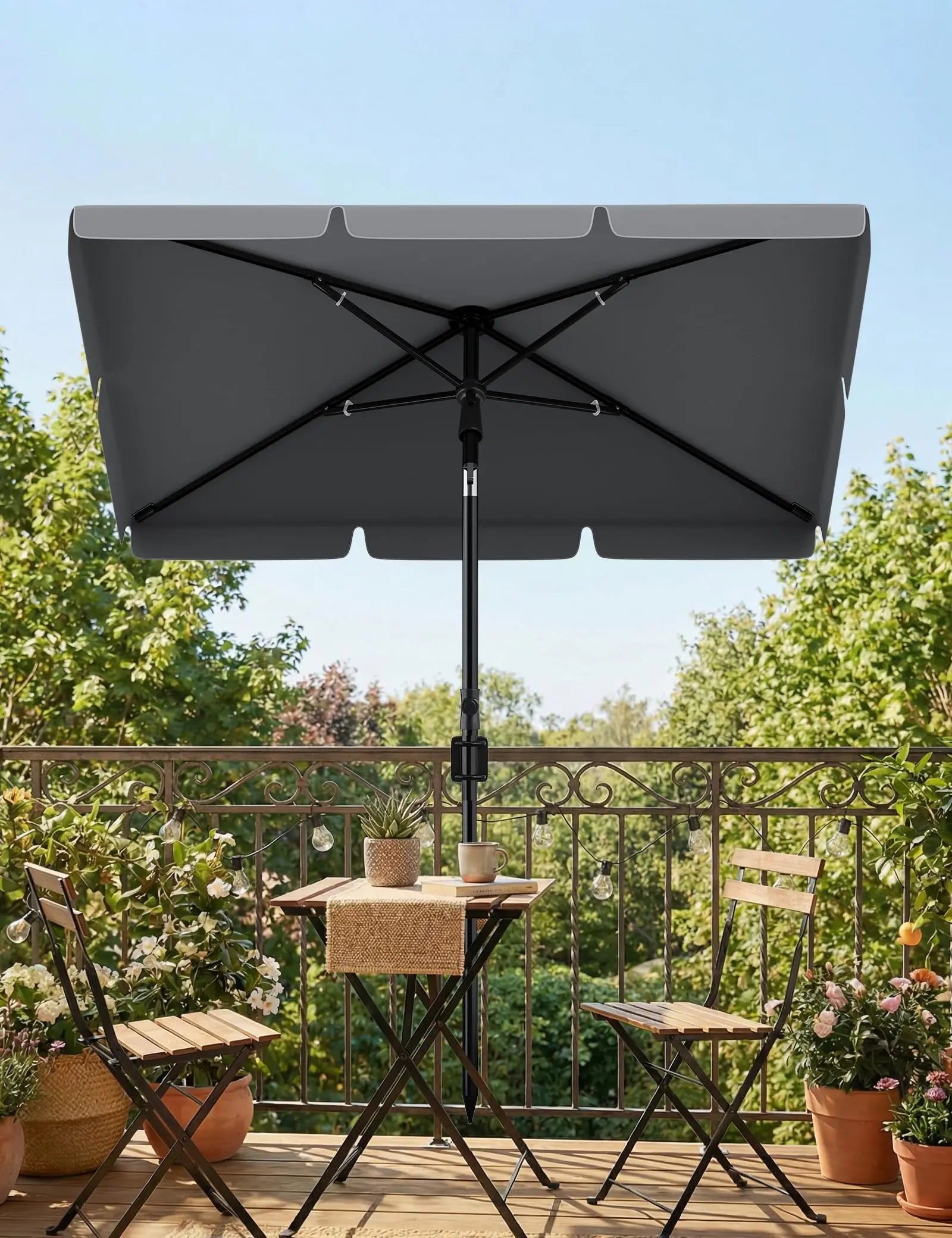 Sombrilla Rectangular para Patio UPF 50+ de 200x125cm con Soporte, Altura Ajustable, Resistente al Viento, Parasol para Jardín y Playa