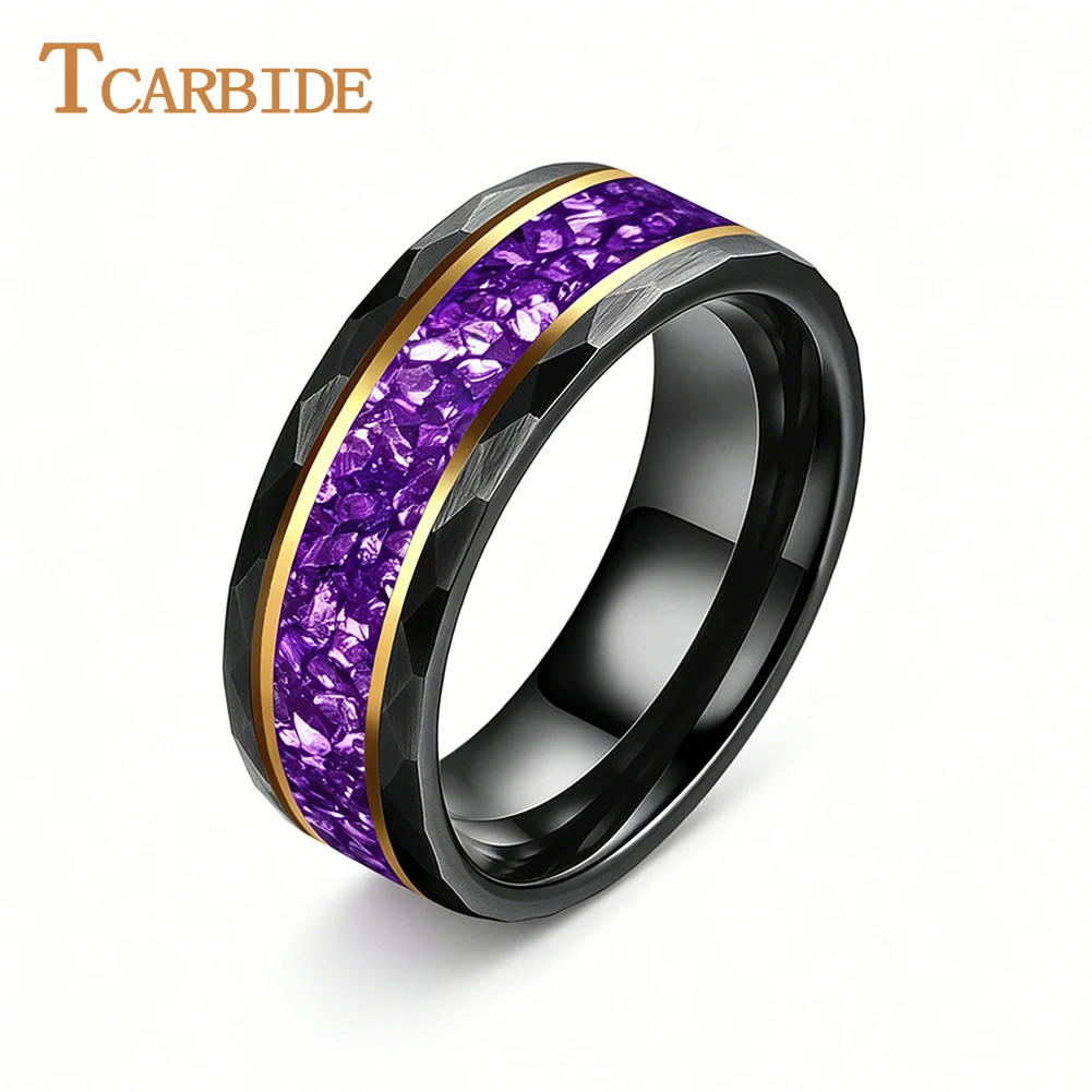 tcarbide-8-ミリメートル美しい紫色のクリスタルストーンインレイ結婚指輪男性女性タングステンハンマーリングコンフォートフィット