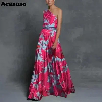 

2023 spring/summer new women's splicing off-the-shoulder oblique shoulder printed waist dress