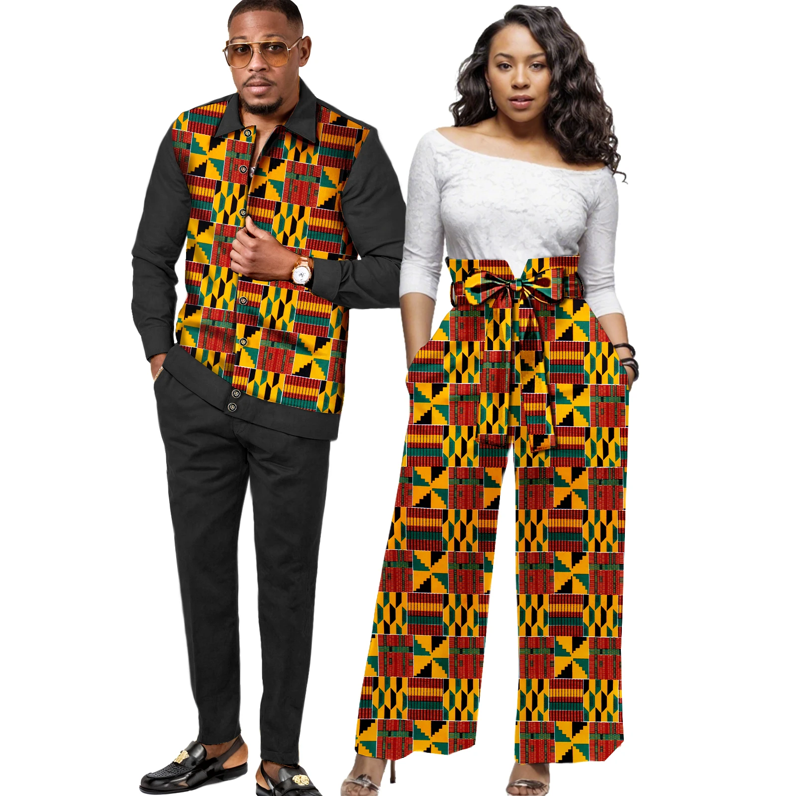 

African Outfit for Couples Women Ankara Wide Leg Pants Kente Print Cloth or Men Dashiki Shirt and Pants