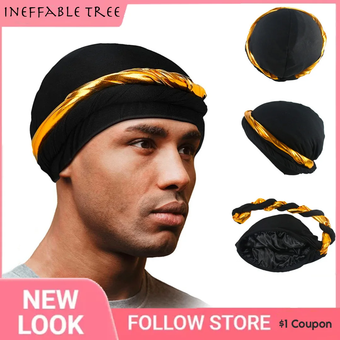 

2023 Elastic Men's Turban Hat Satin Lining Stretchy Men Bandana Indian Cap Male Hip Hop Caps Headband Biker Headwrap Hats