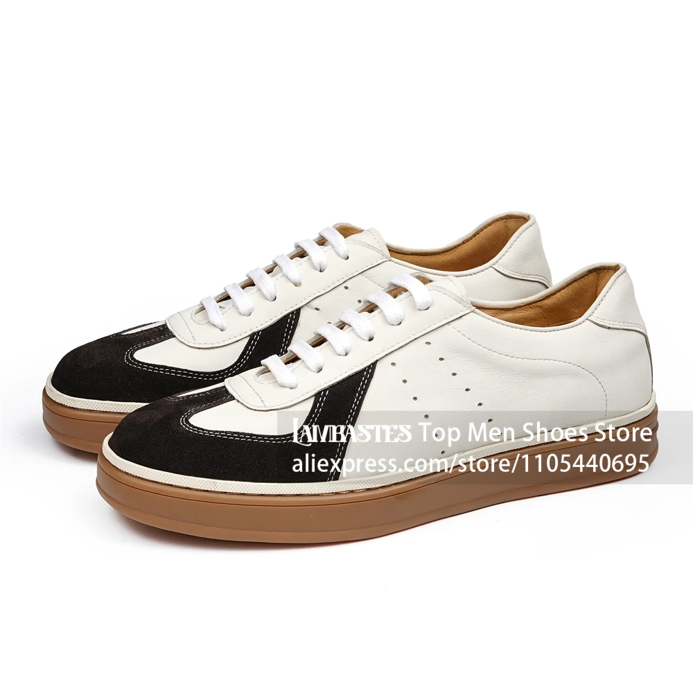 Black White Leather Suede Panel Low Top Sneakers Retro Gum Sole Lace Up Casual Leather Shoes Mixed Material Retro Daily Sneakers