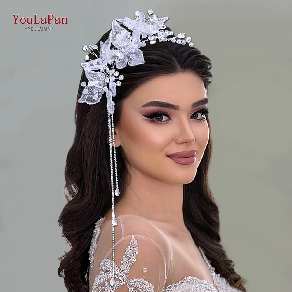 YouLaPan Shiny Crystal Headband Mesh Flower Bride Wedding Headdress Princess Prom Long Tassel Head Jewelry Accessories HP824