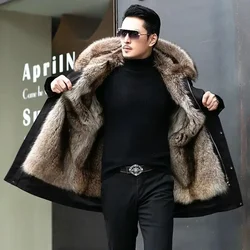 Fur Coat Detachable Hooded Keep Warm Jacket Parka Men Whole Mink Liner Winter New Fur Coat Mink-like Wool Mid-Length Leather