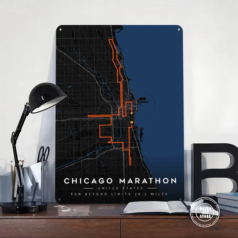 Chicago Marathon Route Map 3D Texture Printed Poster Custom Vintage Metal Tin Plate Sign for Wall Art Living Room Decoration