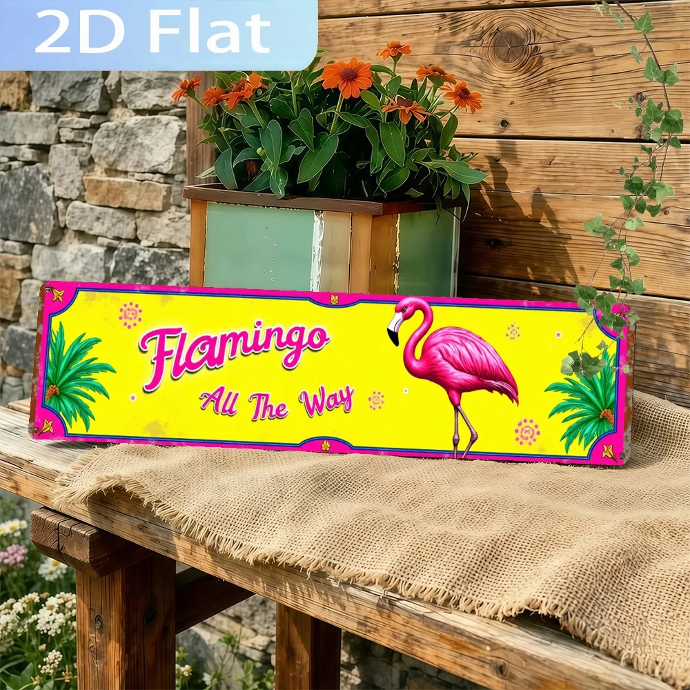 A 2D Flat, Printed Sign Showcasing a Vintage Design That Accommodates Up to Six Words Perfectly, Featuring a Tropical Flamingo