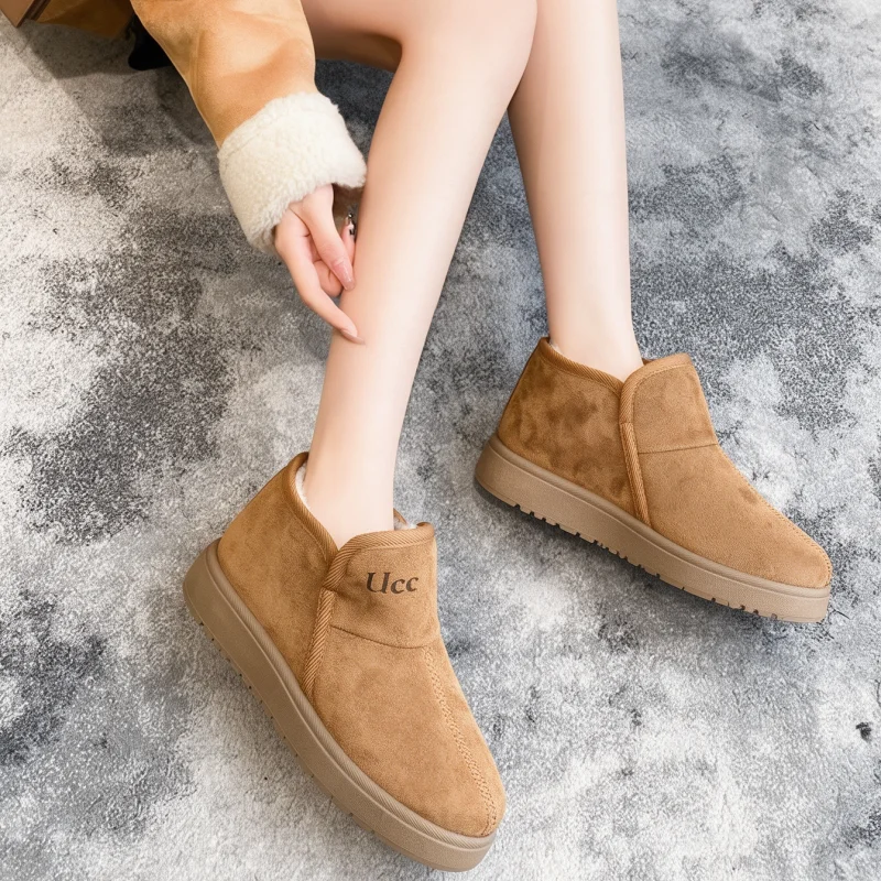 Women's Flat Boots - Winter and Autumn Warm Boots with Warm Fleece Lining - One-Piece Short Boots for Snowy Weather
