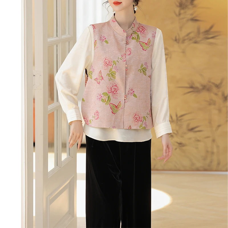 

New Chinese Sle Spring Faionable Outfit Set for Middle-Aged And ly Women V-Ne Long Sve irt And Jaet Combo