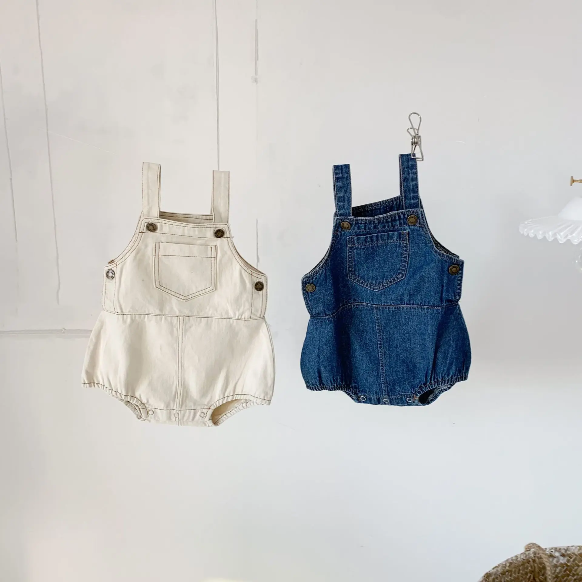 2023 novo no verão infantil recém-nascido meninas meninos sem mangas sólido denim macacão outwear crianças macacões do bebê de algodão bodysuits