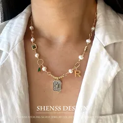 Natural Freshwater Pearl Necklace Copper Plated 14k Gold Wrap Letter Zircon Mix and Match Personalized Necklace