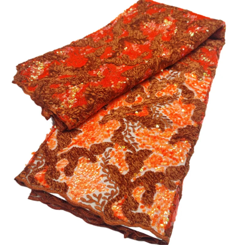 

Orange Nigerian Lace Fabric 2022High Quality Lace African Lace Fabric With Sequis French Tull Lace Fashion Women Weddging 5yards