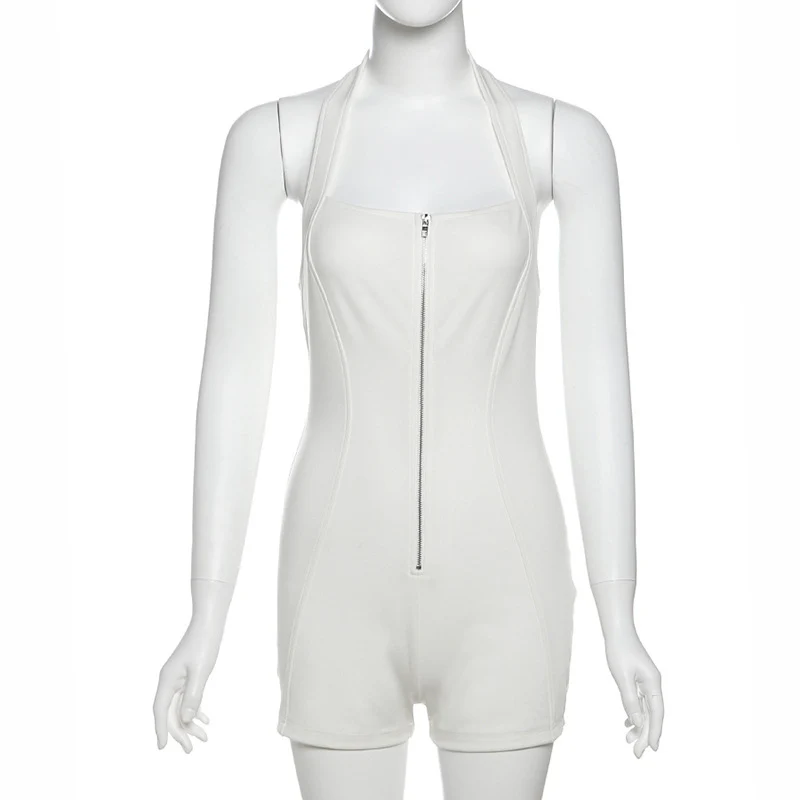 Tutina sexy per tutti i giorni Abiti da club per donna Halter Backless Cerniera frontale Vita alta Skinny Bodycon Tuta Pantaloncini Pagliaccetto da festa