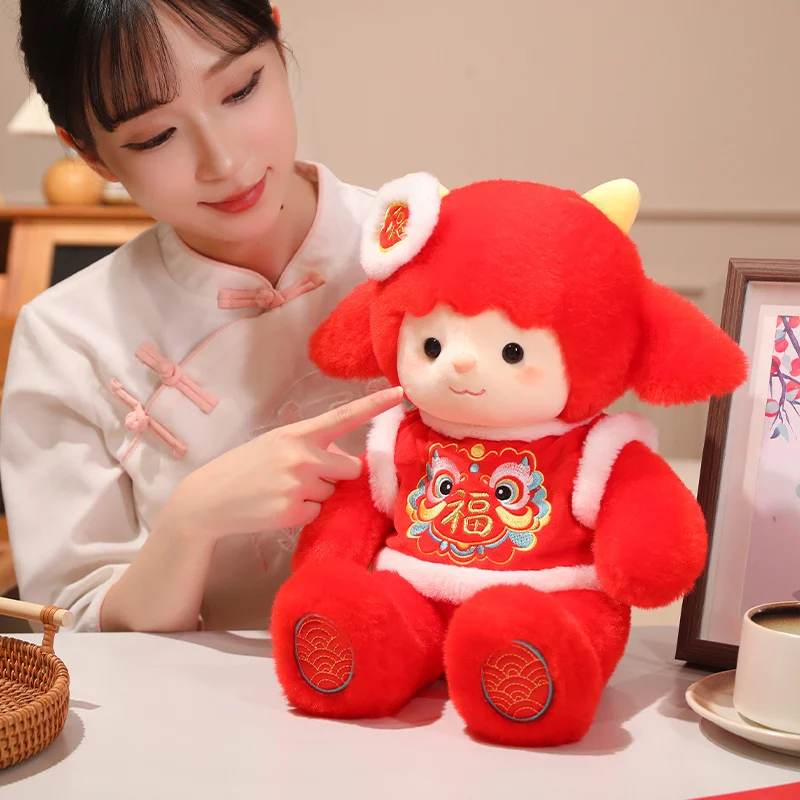 Sheep Plush Doll 18 To 55cm Red Festive Stuffed Animal with Chest Embroidery for Bedroom Display Festive Room Accent Gift