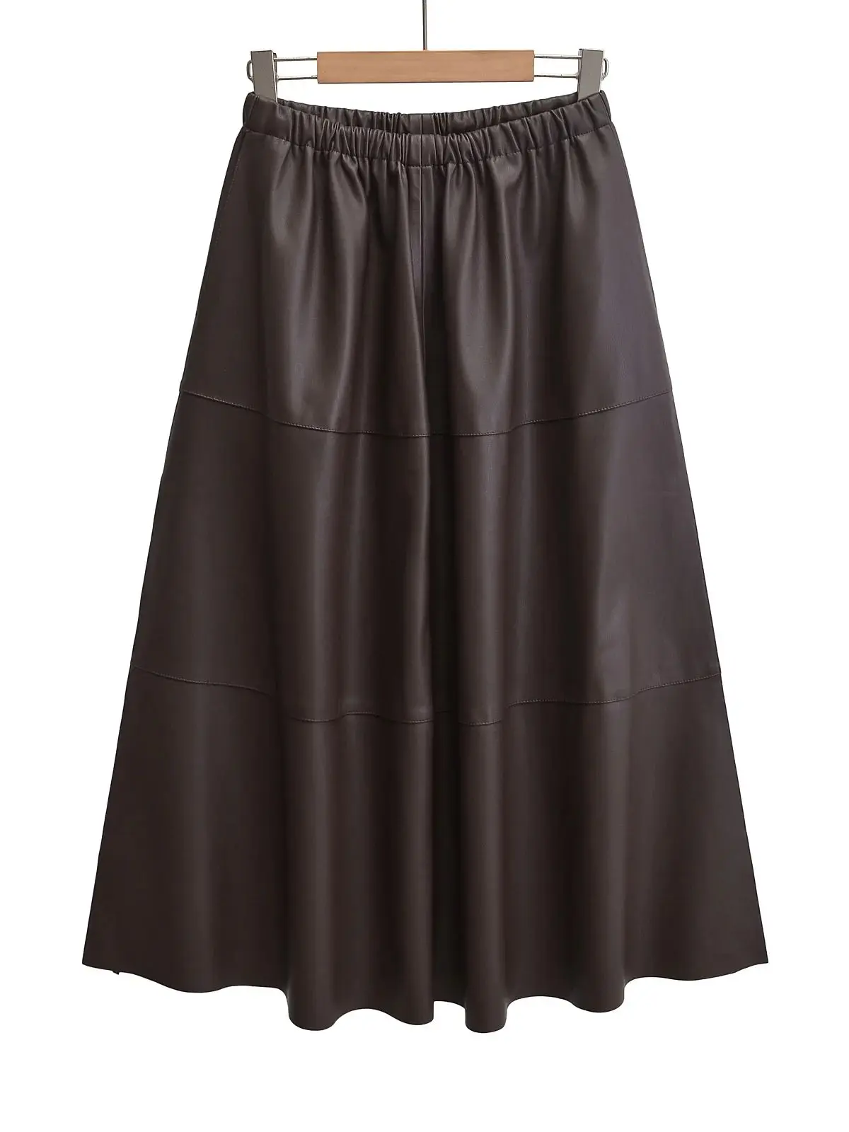 XNWMNZ 2024 Women Fashion Faux Leather Midi Skirt Retro Elastic High Waist Side Pockets Voluminous Hem Female Skirt