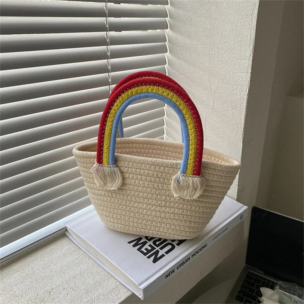 

For European And American Retro Open Woven Bucket Bag Rainbow Versatile Handbag Multiple Colors To Choose From