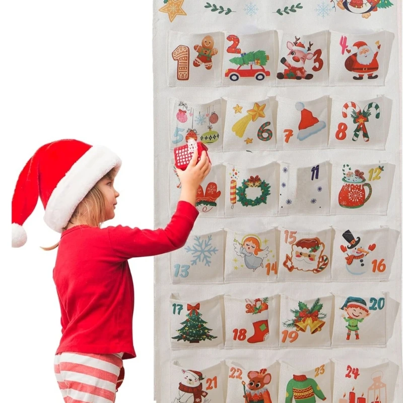 Calendário advento preenchível com 24 bolsos lona decoração suspensão parede