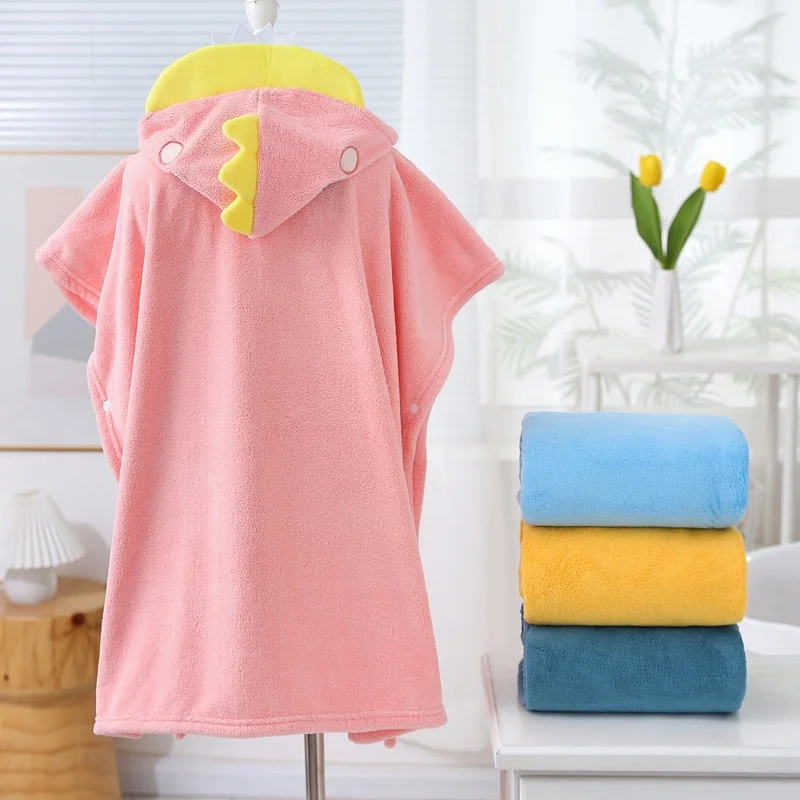 Pink/Dark/Light Blue Cute Cartoon Children\'s Bath Towel Cape Soft and Absorbent Not Easy to Fall off Hooded Coral Velvet Cape