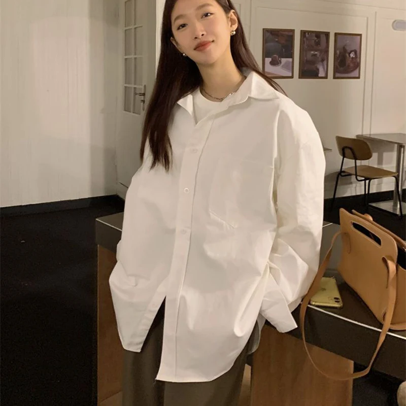 Rimocy Oversized Korean Whiet Shirts for Women 2025 Spring Turn Down Collar Blouse Woman Long Sleeve Casual Office Ladies Shirt