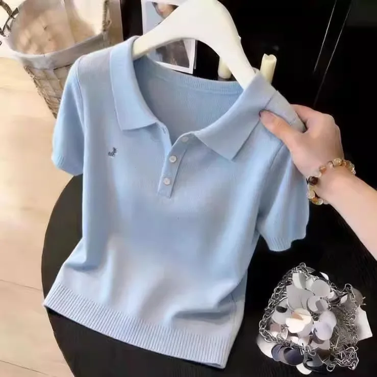 Summer Lapel Short-Sleeved Knitted Sweater Women's Korean Top 40kg-60kg