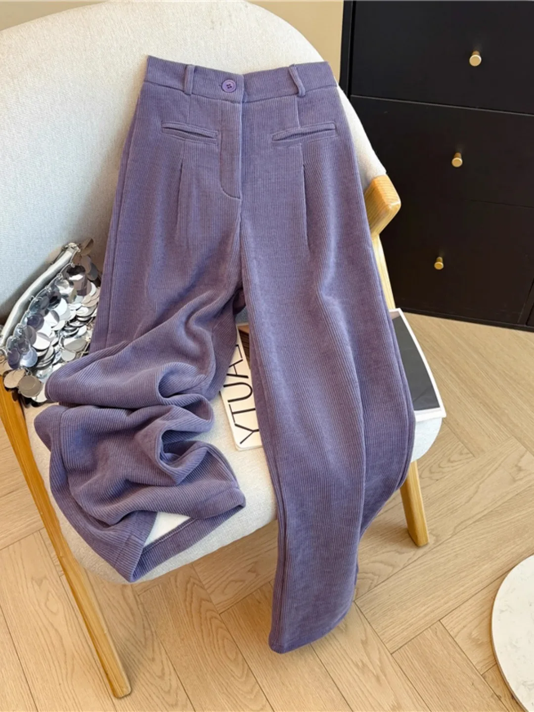 

Thiened Corduroy Wide Leg Pants Women's Winter Outerwear Fce Lined High Waist Long Straight Tube Trousers Commute Sle