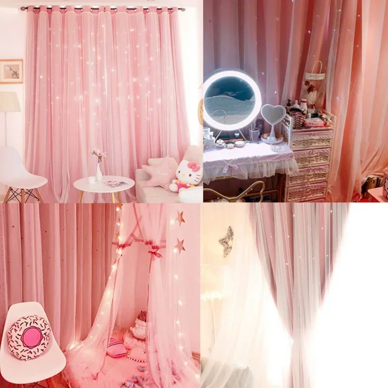 Double Layer Blackout Curtains, Hollow Star Grommet Top Window Curtain Ready Made for Kids Girls Bedroom & Living Room Decor