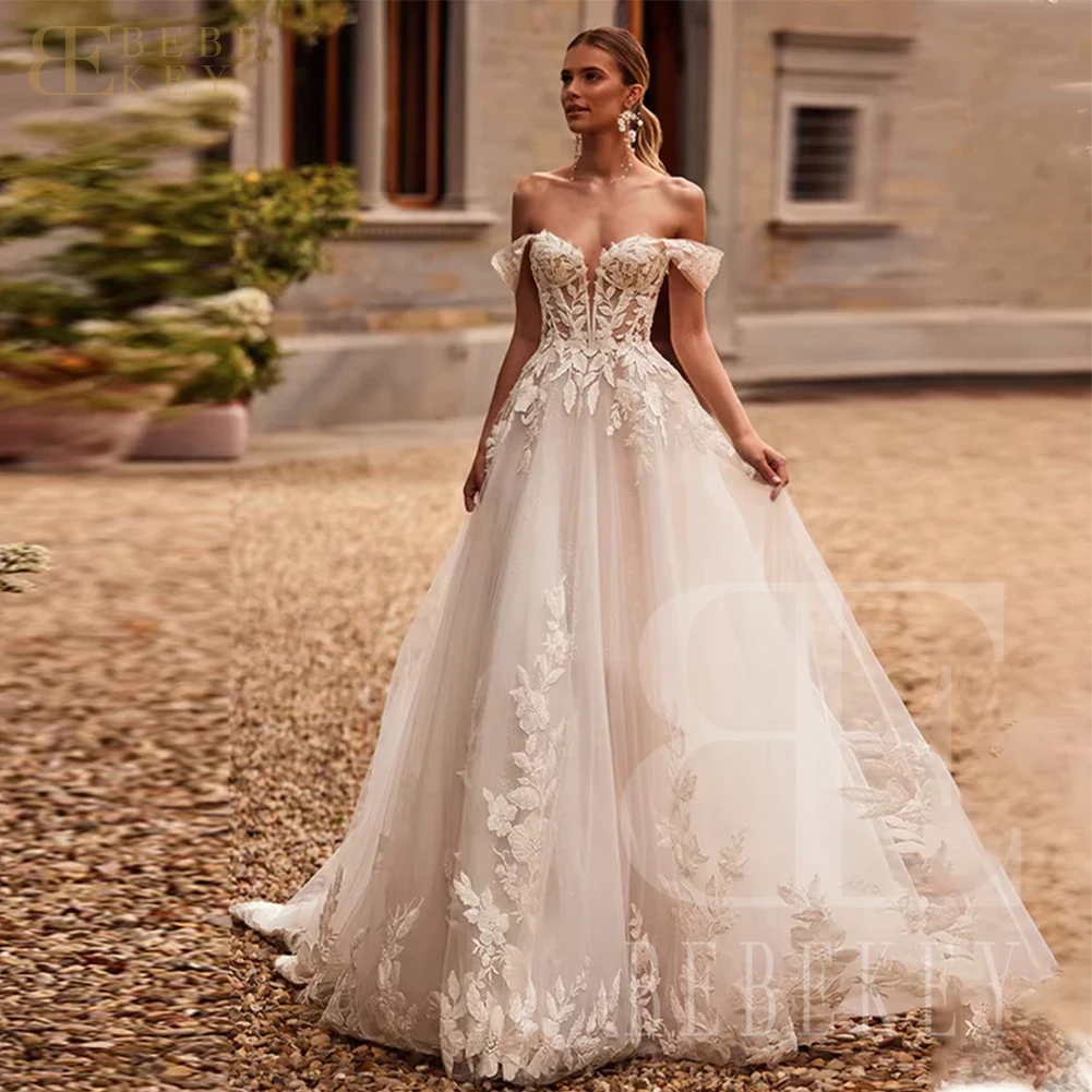 BEBEKEY Tule Uit de Schouder Trouwjurk Applicaties A-lijn Bruid Jurk Aangepaste Formele Party Gown Robe vestidos de novia
