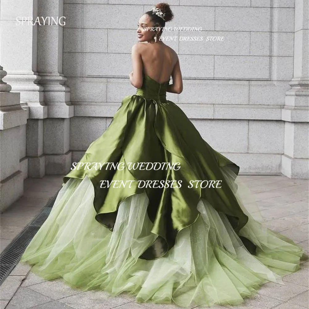 SPRAYING Simple A-Line Tiered Wedding Dress Sweetheart Floor-Length Party Dress Green Satin Tulle Formal Party Dress Customized