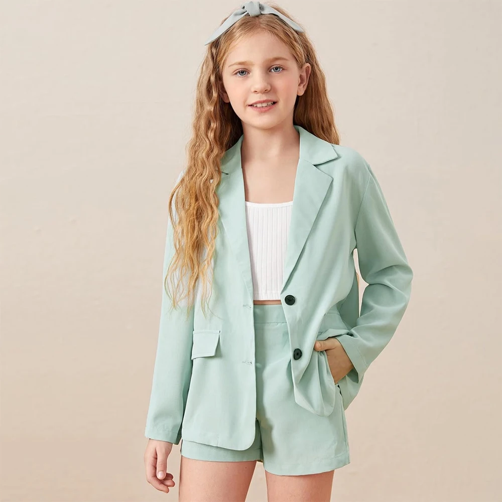 

Модный костюм для девочек: пиджак с отложным воротником и шорты, 2 предмета, однотонный, на заказ, для торжественных случаев