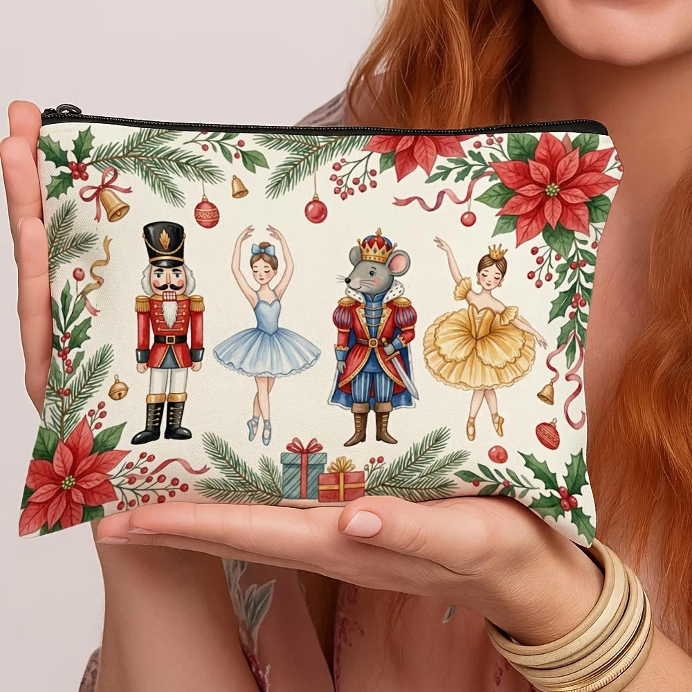 Watercolor Nutcracker Ballet Characters Cosmetic Bag Christmas Poinsettia Holiday Travel Makeup Storage Pouch Xmas Gift