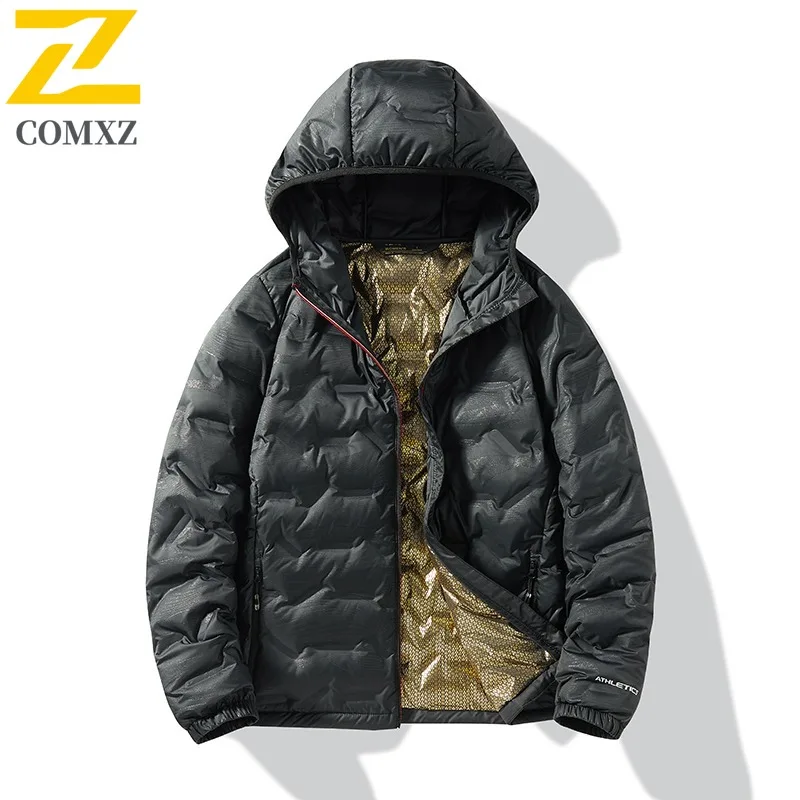 

COMXZ 2025 длинная куртка на 90% утином пуху, мужская зимняя толстая теплая съемная куртка-пуховик с капюшоном, повседневное водонепроницаемое пальто, одежда
