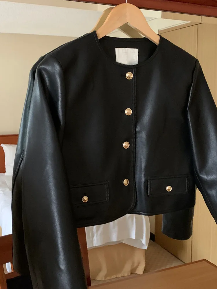 Chaquetas negras de estilo coreano para mujer, nueva moda, chaqueta de cuero Vintage con una botonadura, ropa de calle para mujer, chaquetas cortas con cuello redondo