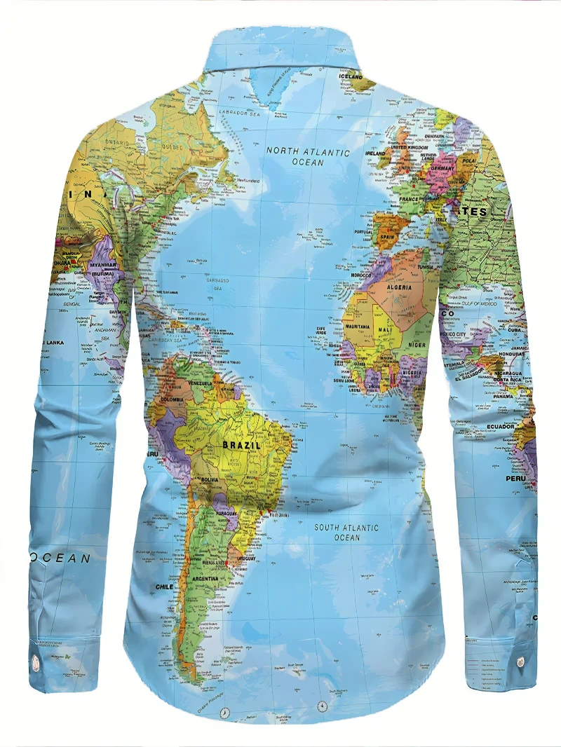 Men's 3D Printed Pattern Shirt, Fashion Designer Map Pattern Long Sleeve Shirt Single Breasted